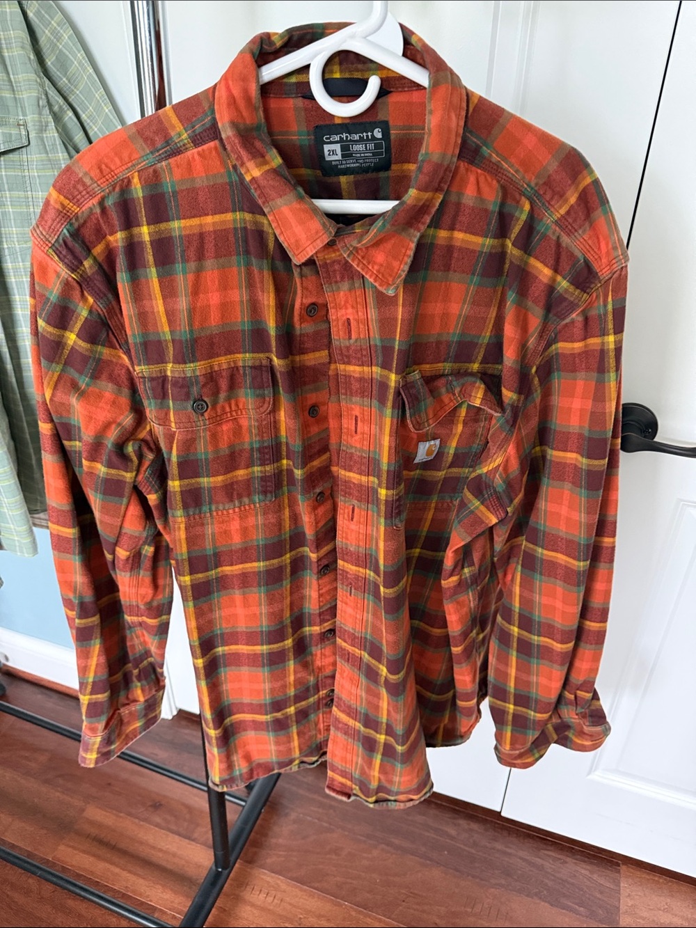 Carhartt Men’s Orange Plaid Button-Down Work Shirt